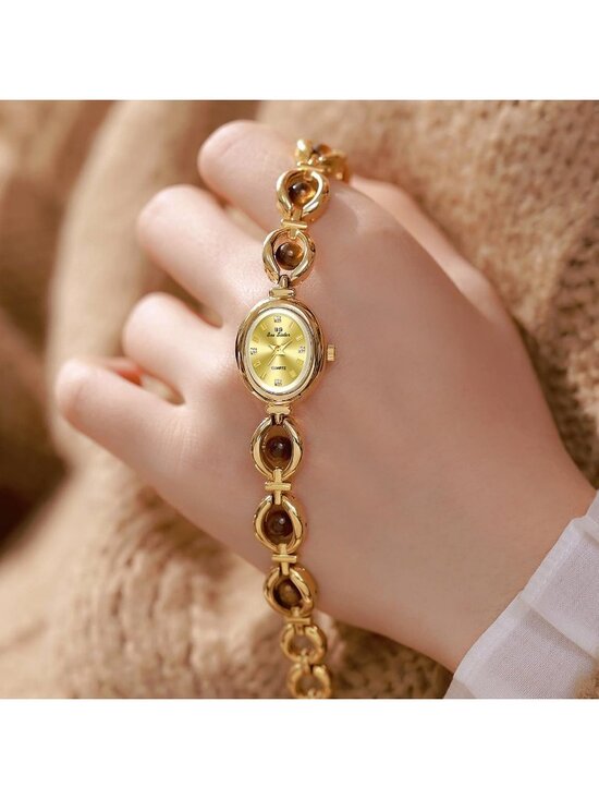 Women\'s Brown Gold Vintage Bracelet Elegant Jade Oval Dial Quartz Wrist Watch main image 4